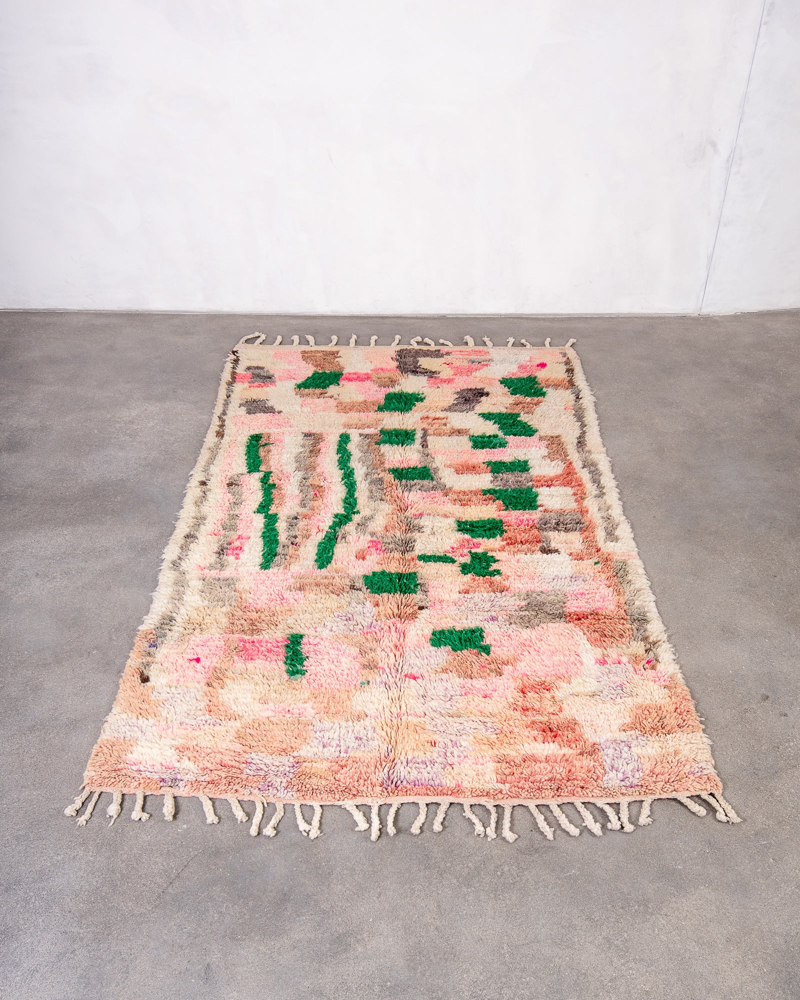 Modern, designer, handcrafted Berber rug from Morocco. Vintage carpet with beautiful colours and patterns and fluffy texture.